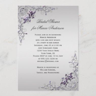 Ornate Purple Silver Floral Swirls Bridal Shower Invitations