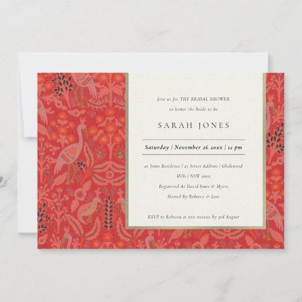 Ornate Red Classy Floral Peacock Bridal Shower Invitations