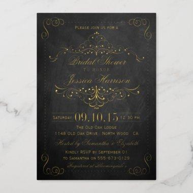 Ornate Swirls Chalkboard Bridal Shower Real Foil Invitations