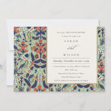 Ornate Teal Navy Floral Peacock Couples Shower Invitations