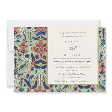 Ornate Teal Navy Floral Peacock Couples Shower Invitations