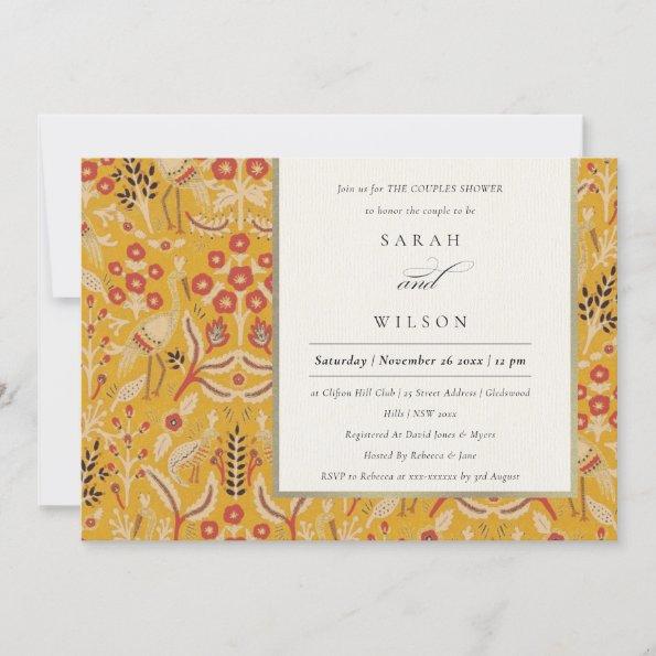 Ornate Yellow Gold Floral Peacock Couples Shower Invitations