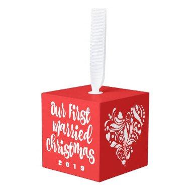 Our First Married Christmas Dated Wedding Gift Red Cube Ornament