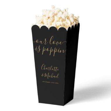 Our Love Is Poppin Black And Gold Wedding Popcorn Favor Boxes