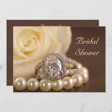 Oval Diamond Ring and White Rose Bridal Shower Invitations