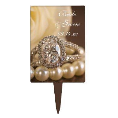 Oval Diamond Ring and White Rose Wedding Cake Topper