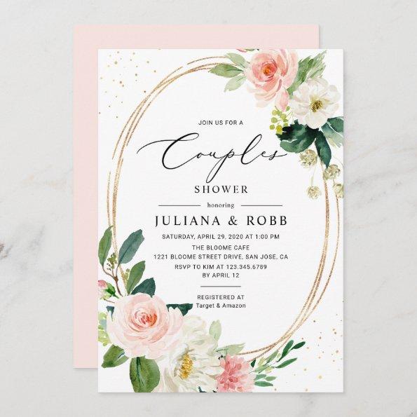 Oval Geometric Blush Pink Floral Couples Shower Invitations