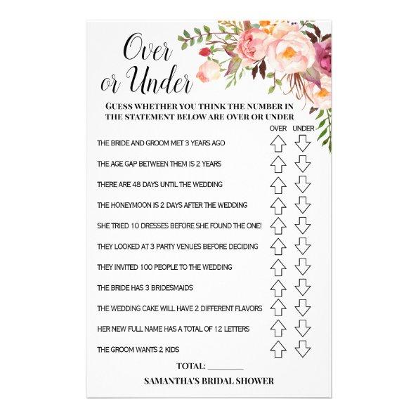 Over or Under Bridal Shower Pink Flowers Game Invitations Flyer