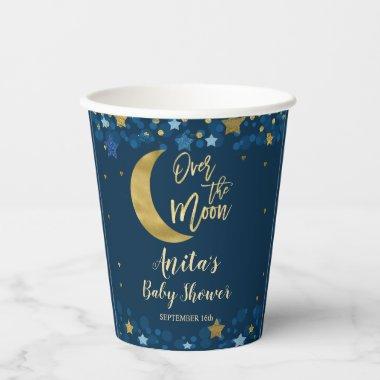Over The Moon Navy Baby Shower Gold Glitter Paper Cups
