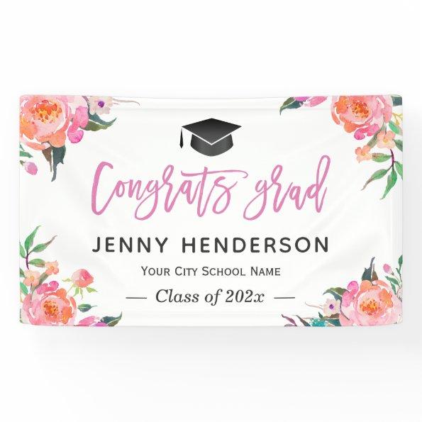 Painted Pink Floral Congrats Grad Graduation Party Banner