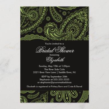 Paisley Bridal Shower Invitations Chartreuse Black