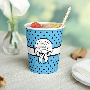 Pale Blue Black Polka Dot White Bow Personalized Paper Cups