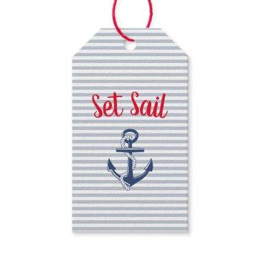 Pale Blue Grey and White Stripes Nautical Anchor Gift Tags