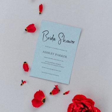 Pale Blue Linen Simple Black Script Bridal Shower Invitations