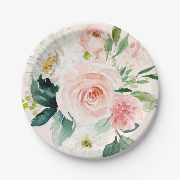 Pale Blush Pink Watercolor Floral Peach Elegant Paper Plates