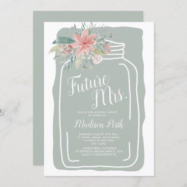Pale green floral mason jar script bridal shower Invitations