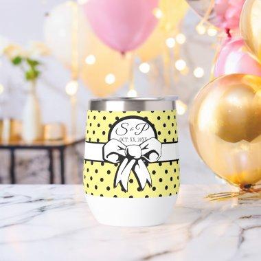 Pale Yellow Black Polka Dot White Bow Personalized Thermal Wine Tumbler