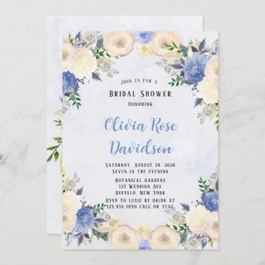 Pale Yellow Dusty Blue Peony Floral Bridal Shower Invitations