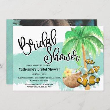 Palm coconut watercolor island fish reef party Invitations