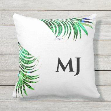 Palm Leaf Glittery Green Tropical Monogram Initial Outdoor Pillow