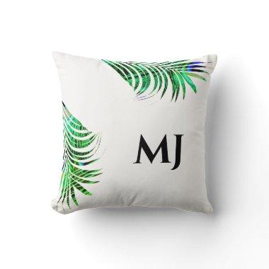 Palm Leaf Glittery Green Tropical Monogram Initial Throw Pillow