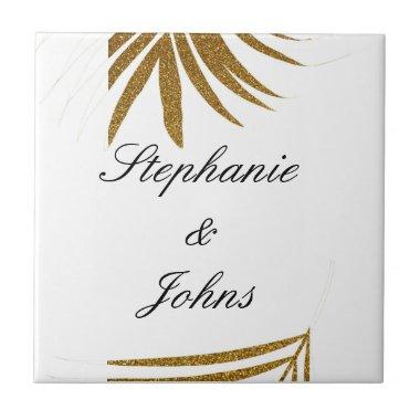 Palm Leaf Gold Glitter Custom Couple Name Tropical Ceramic Tile