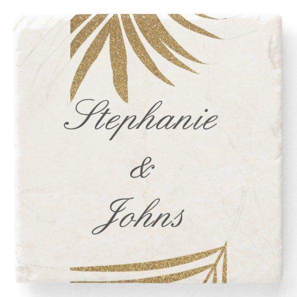 Palm Leaf Gold Glitter Custom Couple Name Tropical Stone Coaster