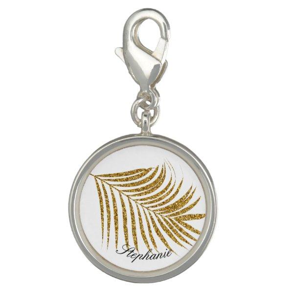 Palm Leaf Gold Glitter Custom Name Cute Gift Favor Charm