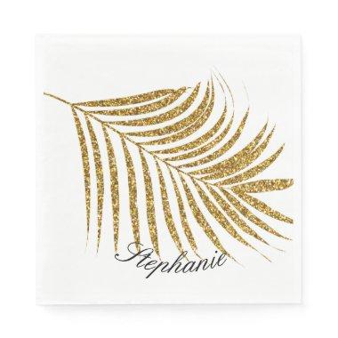 Palm Leaf Gold Glitter Custom Name Cute Trendy Napkins
