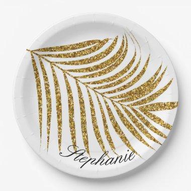Palm Leaf Gold Glitter Custom Name Cute Trendy Paper Plates