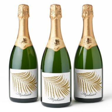 Palm Leaf Gold Glitter Custom Name Cute Trendy Sparkling Wine Label