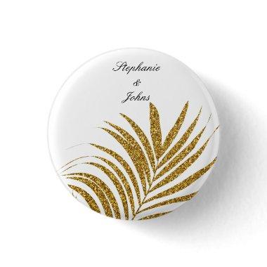 Palm Leaf Gold Glitter Custom Name Trendy Wedding Button
