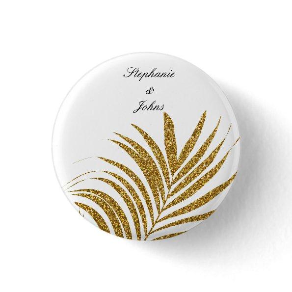 Palm Leaf Gold Glitter Custom Name Trendy Wedding Button