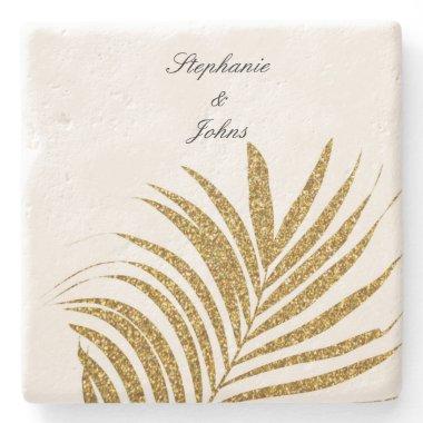 Palm Leaf Gold Glitter Custom Name Wedding Gift Stone Coaster