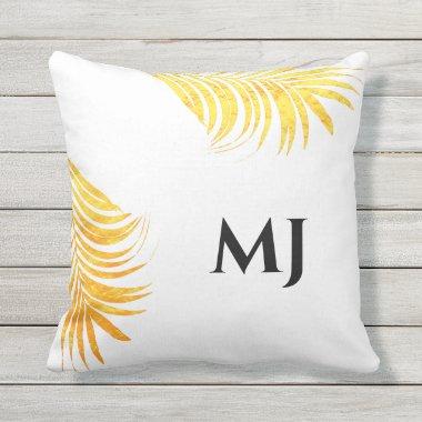 Palm Leaf Gold White Tropical Mnogram Initials Outdoor Pillow