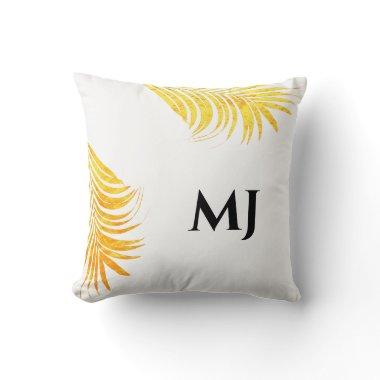 Palm Leaf Gold White Tropical Mnogram Initials Throw Pillow
