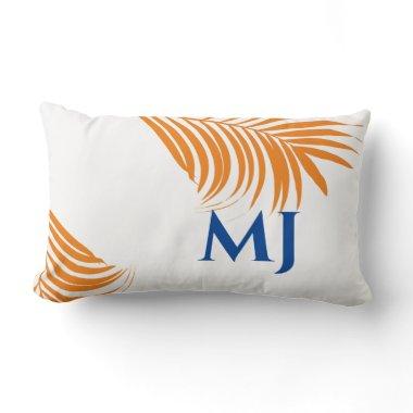 Palm Leaf Orange Blue Tropical Monogram Initials Lumbar Pillow