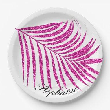 Palm Leaf Pink Rose Glitter Custom Name Cute Cool Paper Plates