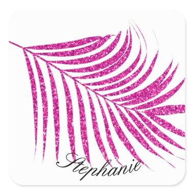 Palm Leaf Pink Rose Glitter Custom Name Cute Cool Square Sticker