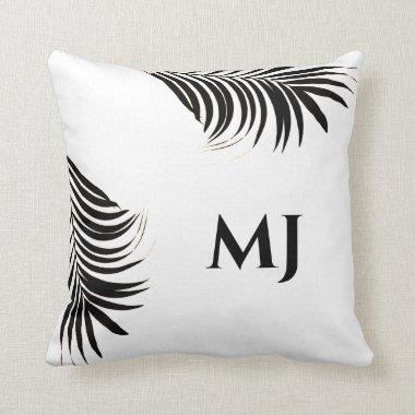 Palm Leaf Tropical Monogram Initials Black White Throw Pillow