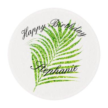 Palm Leaves Glittery Green Custom Name Birthday Edible Frosting Rounds