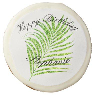 Palm Leaves Glittery Green Custom Name Birthday Sugar Cookie