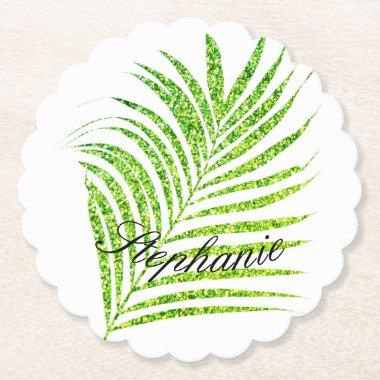 Palm Leaves Glittery Green Custom Name Cute Paper Coaster