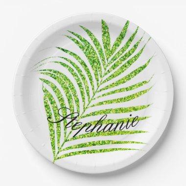 Palm Leaves Glittery Green Custom Name Cute Paper Plates
