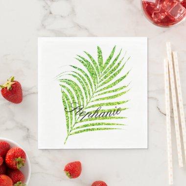 Palm Leaves Glittery Green Custom Name Pretty Napkins