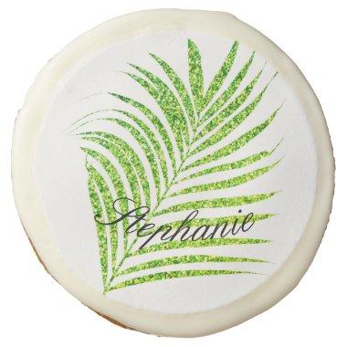 Palm Leaves Glittery Green Custom Name Pretty Sugar Cookie
