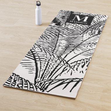 Palm Tree Leaves Black & White Abstract Monogram  Yoga Mat