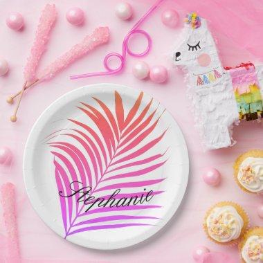 Palm Tree Name Tropical Pink Multicolor Patterns Paper Plates