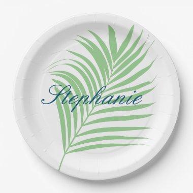 Palm Tree Sage Green Watercolor Leaves Name Paper Plates