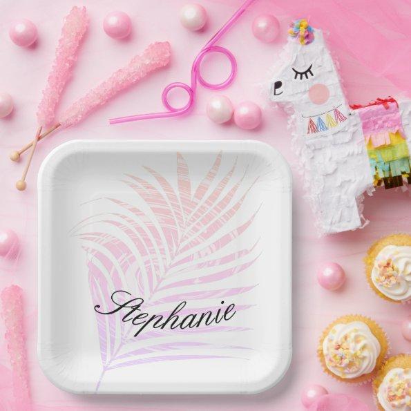 Palm Tree Tropical Custom Name Pink Patterns Paper Plates